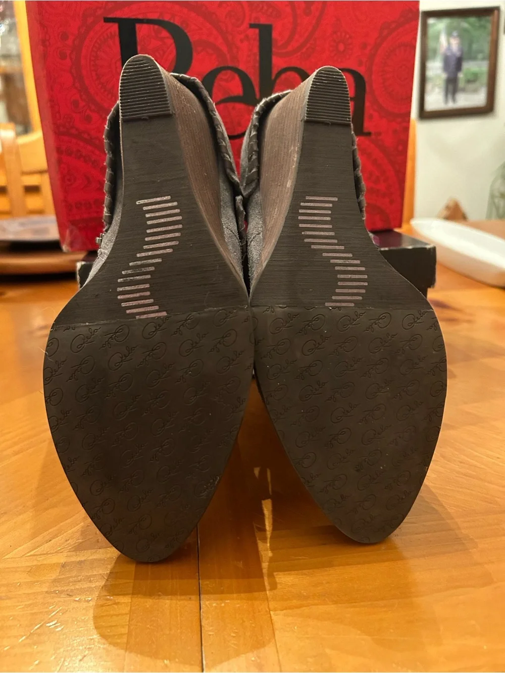 Reba Gray Suede Wedge Ankle Booties with Whipstitch Trim